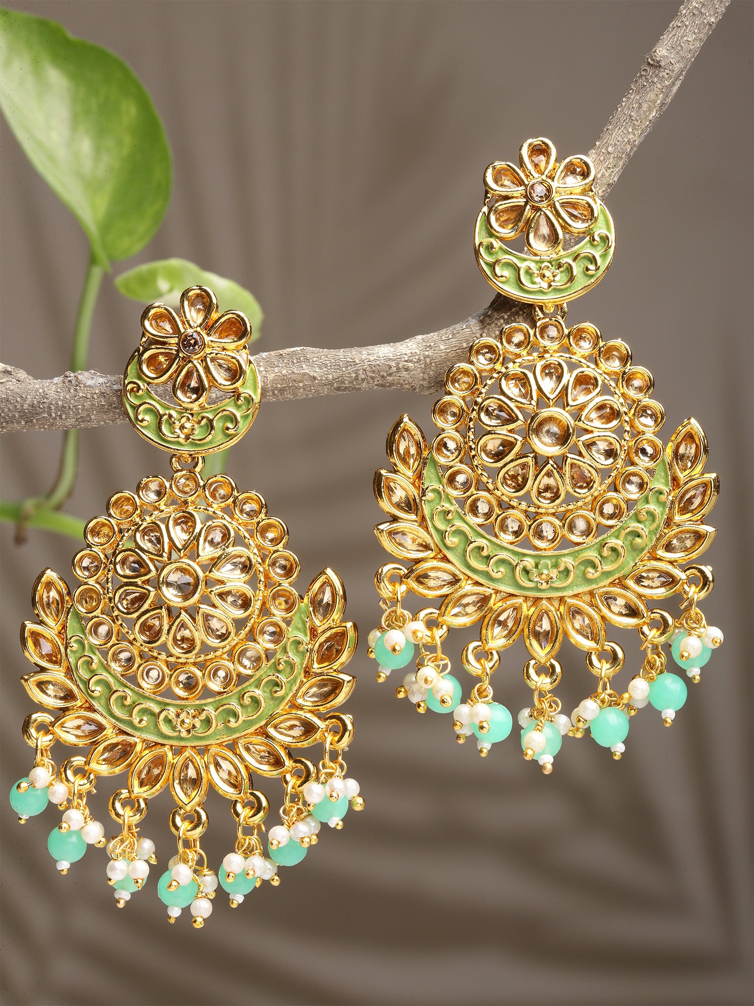 Karatcart Gold Plated Lime Green Beads Kundan Studded Dangler Earrings for Women - view 3