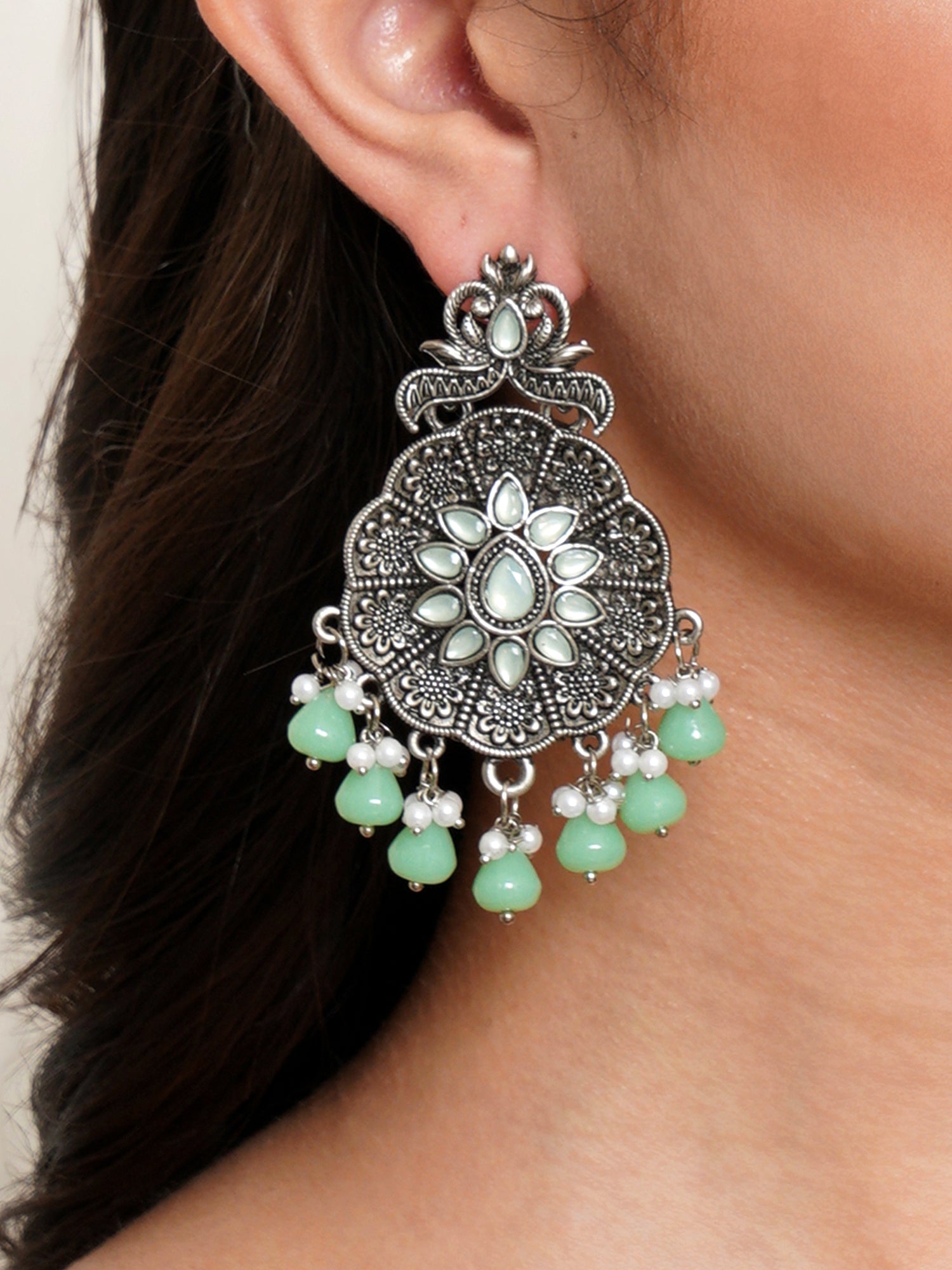 Karatcart Oxidised Silver Light Green Monalisa Stone Studded Floral Dangler Earrings for Women - Image 1