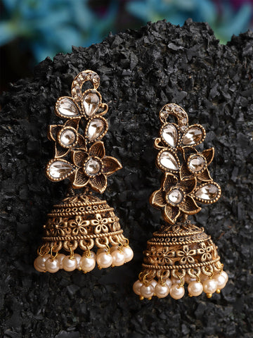 Karatcart Antique Gold Plated Floral Dangler Earrings for Women