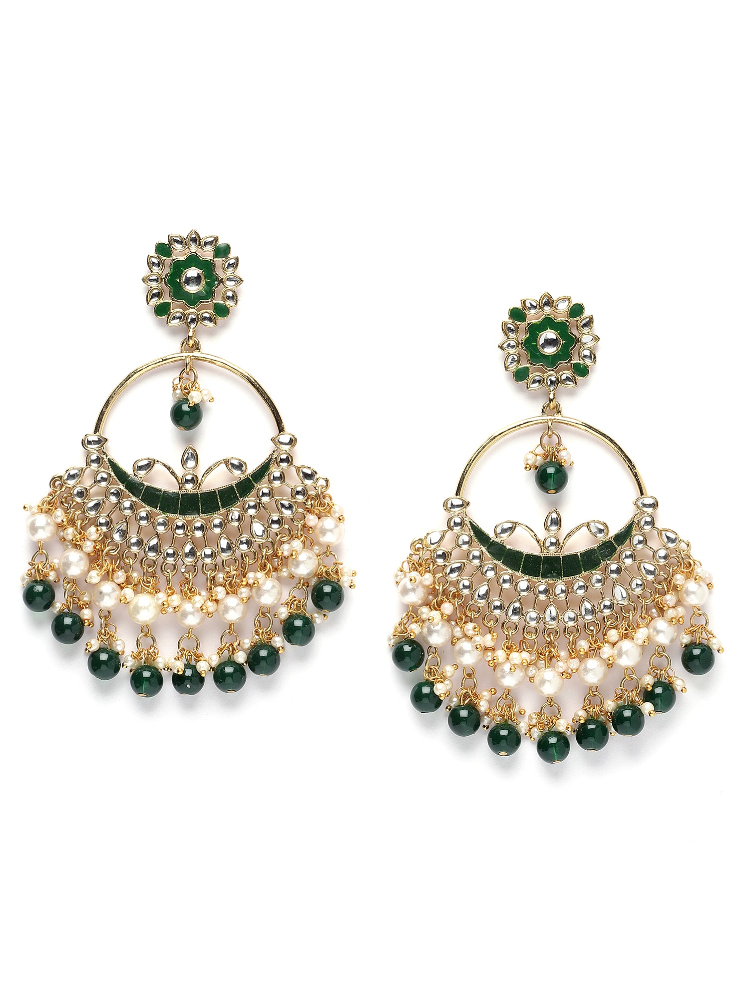 Karatcart Gold Plated Green Beads and Pearl Kundan Chandbali Earrings for Women - view 4