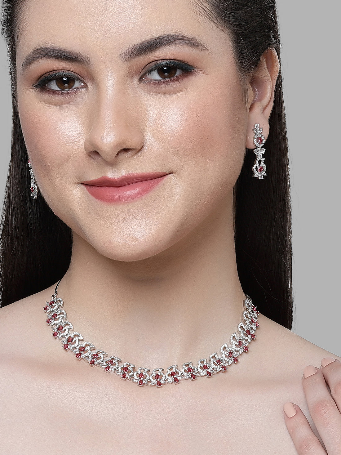 Karatcart Red Cubic Zirconia Studded Silver Plated Necklace Set for Women