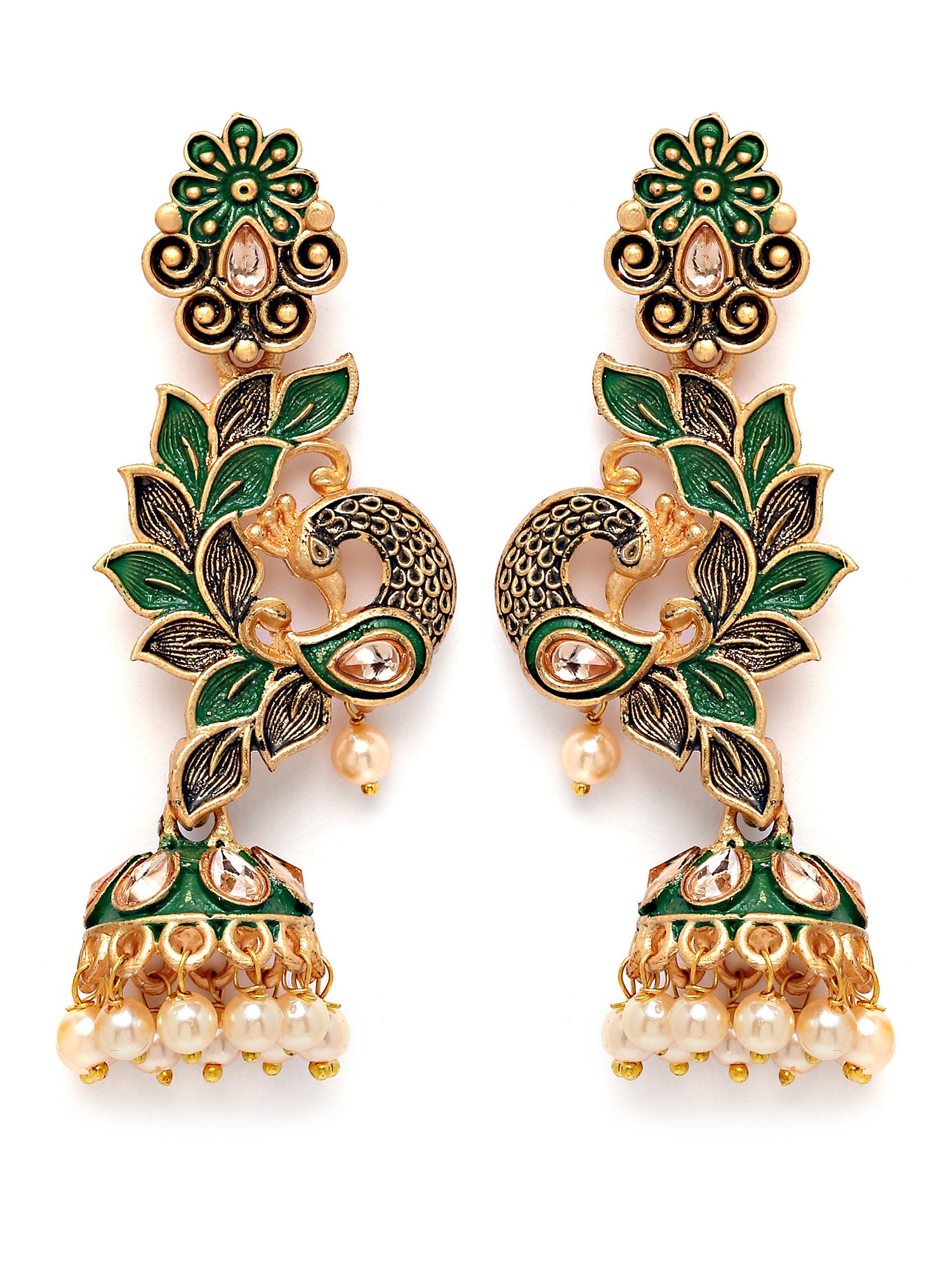 Karatcart Gold Plated Peacock Shape Green Kundan Dangler Jhumki Earrings for Women - view 4