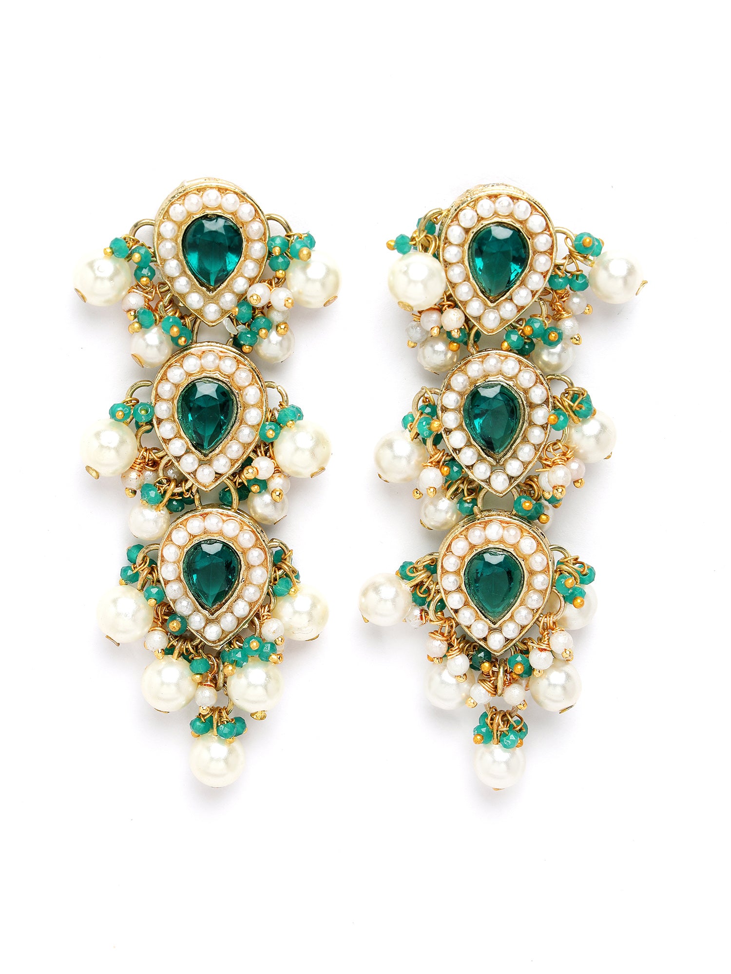 Karatcart Gold Plated Green Dop Crystals and Pearl Studded Kundan Drop Earrings for Women - view 4