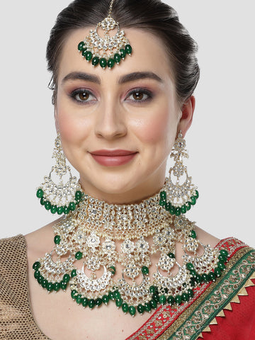 Karatcart Gold Plated Green Tumble Studded Kundan Bridal Necklace Set for Women