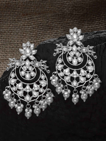 Karatcart Silver Plated Pearl & Kundan Studded Dangler Earrings for Women