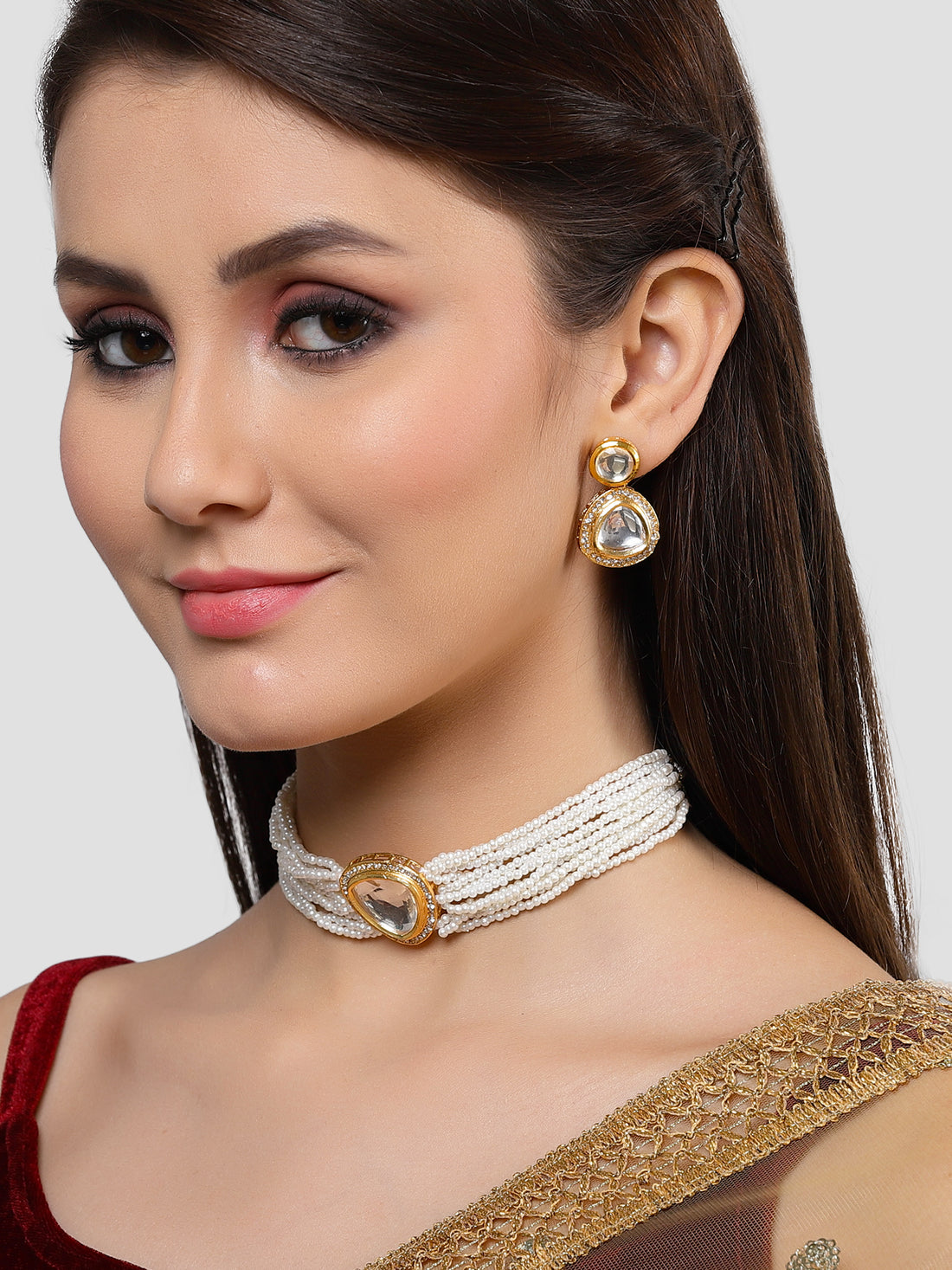 Karatcart Gold Plated White Polki Kundan Choker Necklace Set for Women