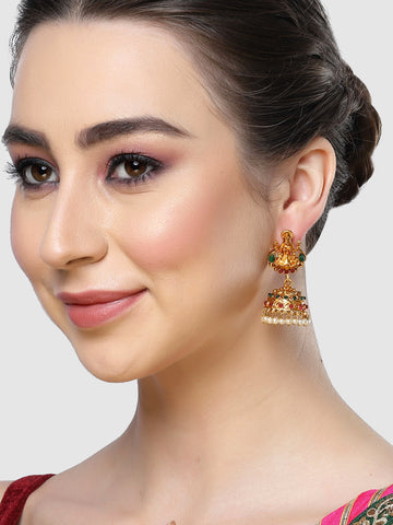 Karatcart Gold Plated Laxmi Mata Temple Jhumki Earrings Set for Women