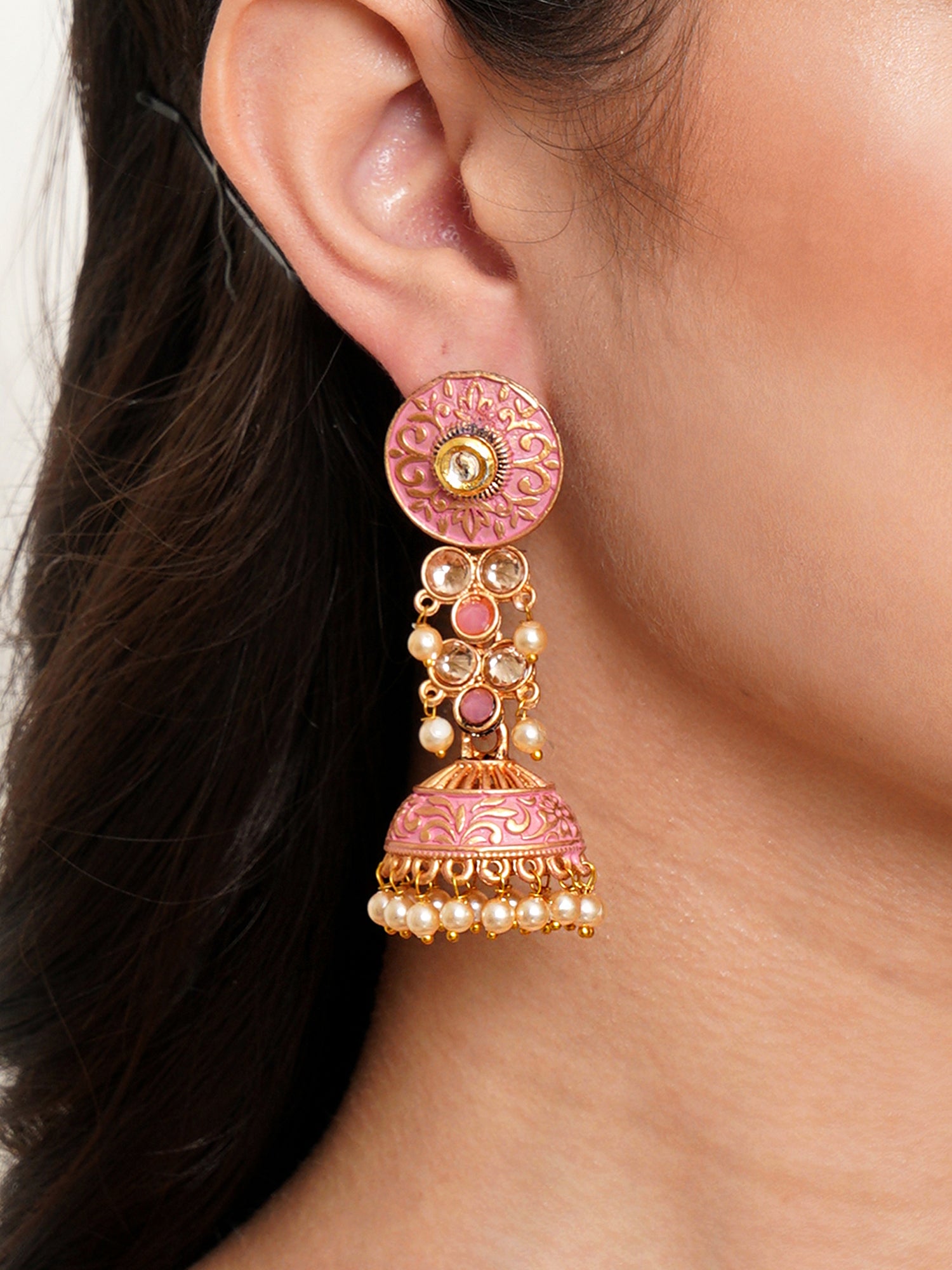 Karatcart Gold Plated Pink Meena and Pearl Studded Jhumki Earrings for Women - Image 1