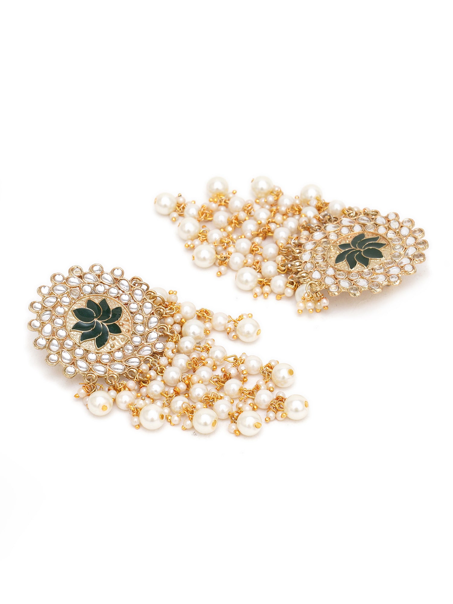 Karatcart Gold Plated Green Meena Pearl Beads Kundan Dangler Earrings for Women - view 4