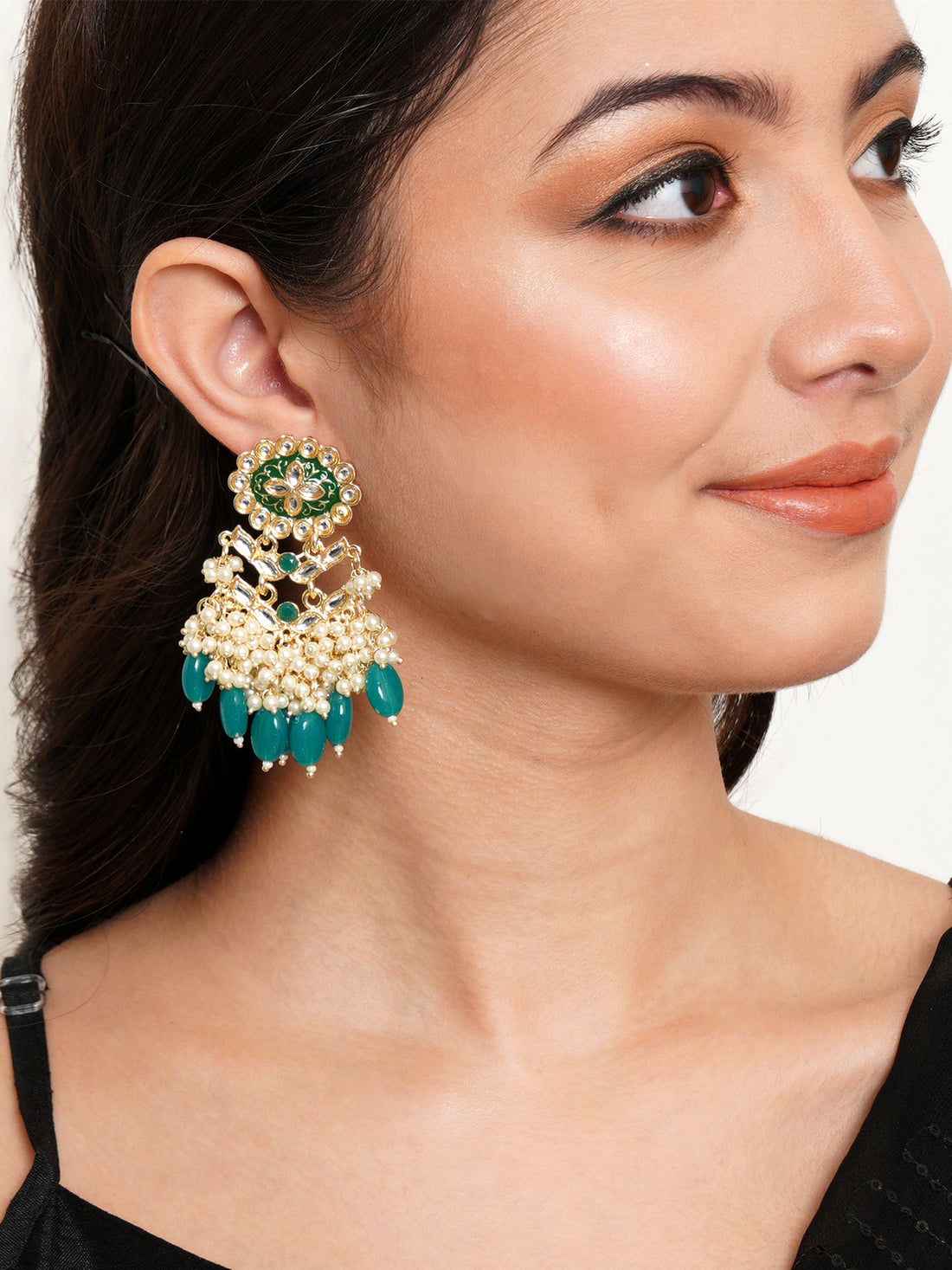 Karatcart Gold Plated Kundan Studded Green Meena and Tumble Dangler Earrings for Women