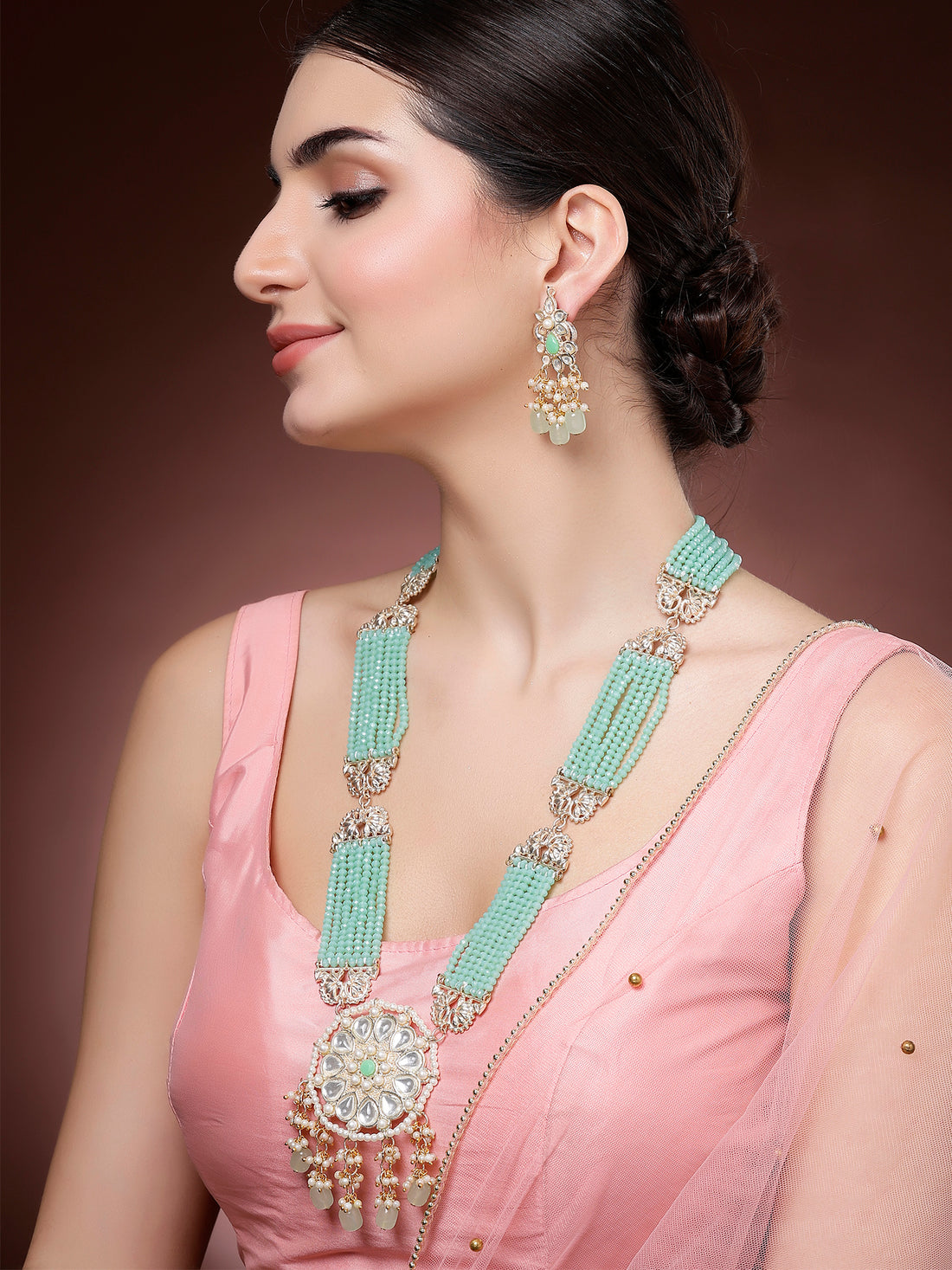 Karatcart Light Green Crystal Long Kundan Rani Haar Necklace Set for Women