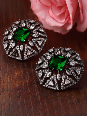 Karatcart Black Silver Plated Green Cubic Zirconia Stud Earrings for Women