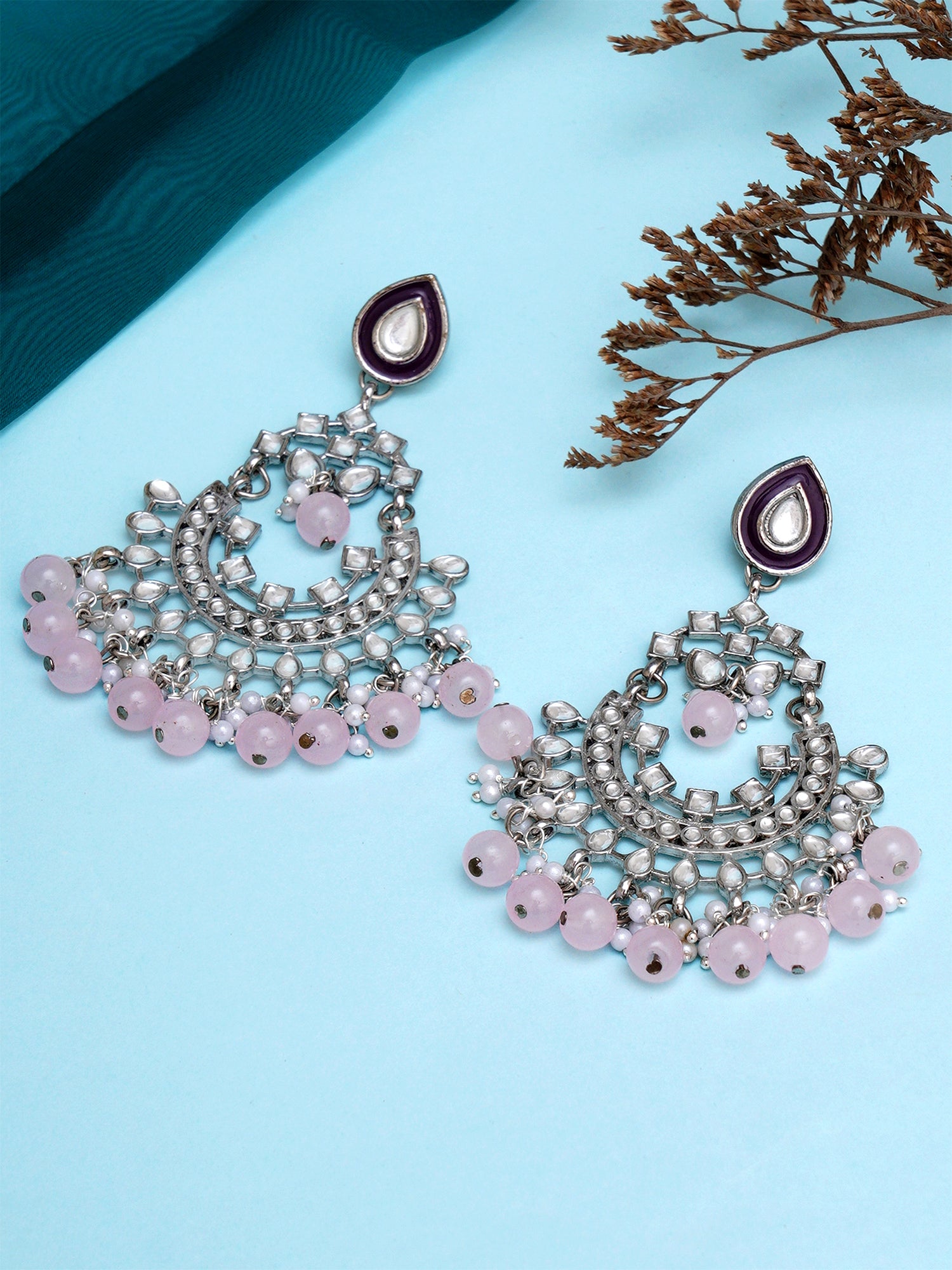 Karatcart Oxidised Silver Pink Beads Purple Kundan Chandbali Earrings for Women - Image 1