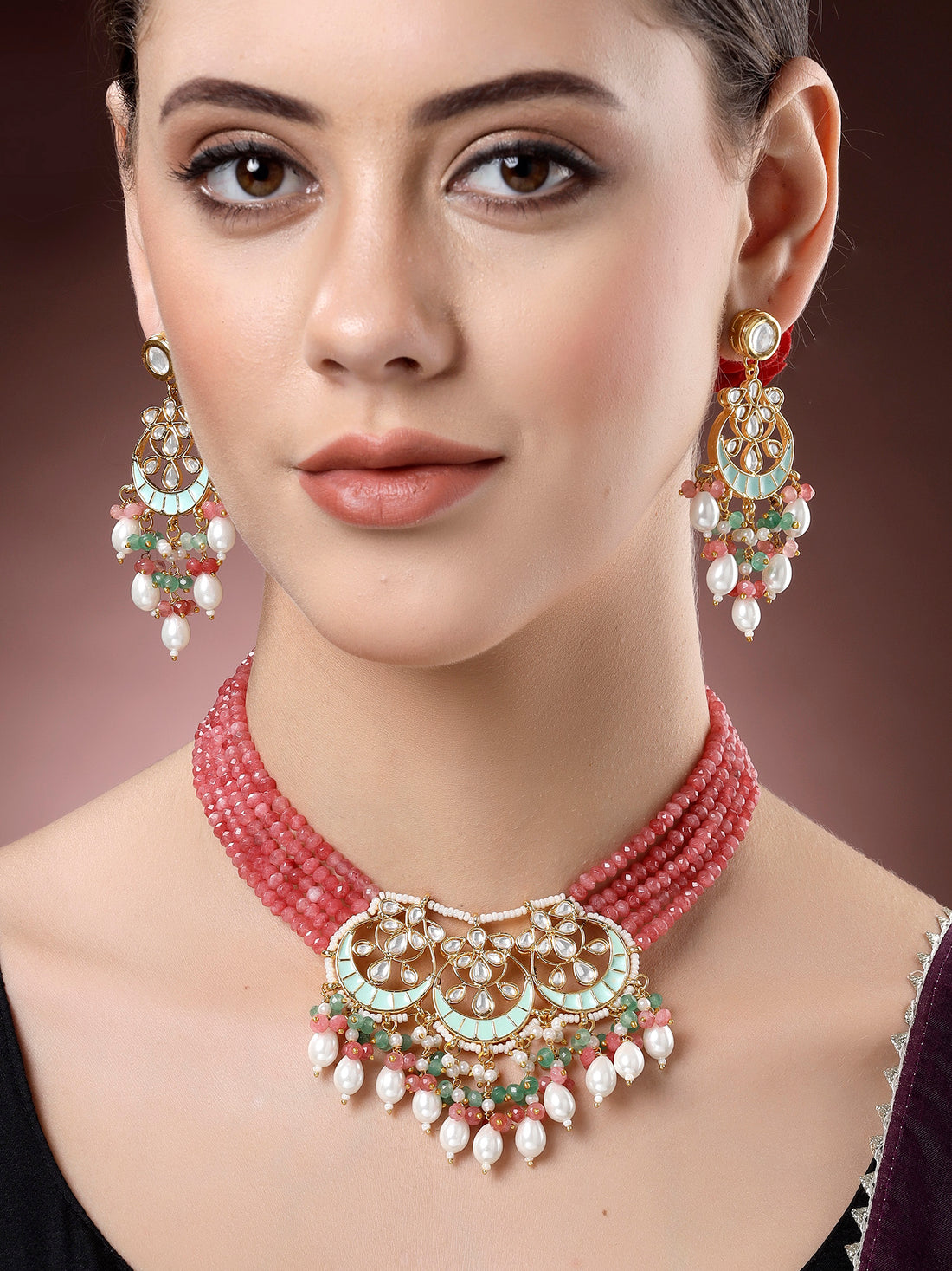 Karatcart Gold Plated Red and Green Crystal Kundan Necklace for Women