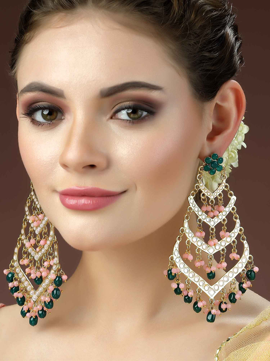 Karatcart Gold Plated Green Tumble Pink Crystal Kundan Drop Earrings for Women