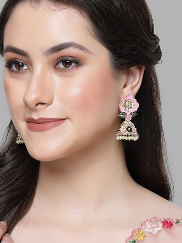 Karatcart Gold Plated Floral Design Pink and Black Meena Kundan Jhumki Earrings for Women