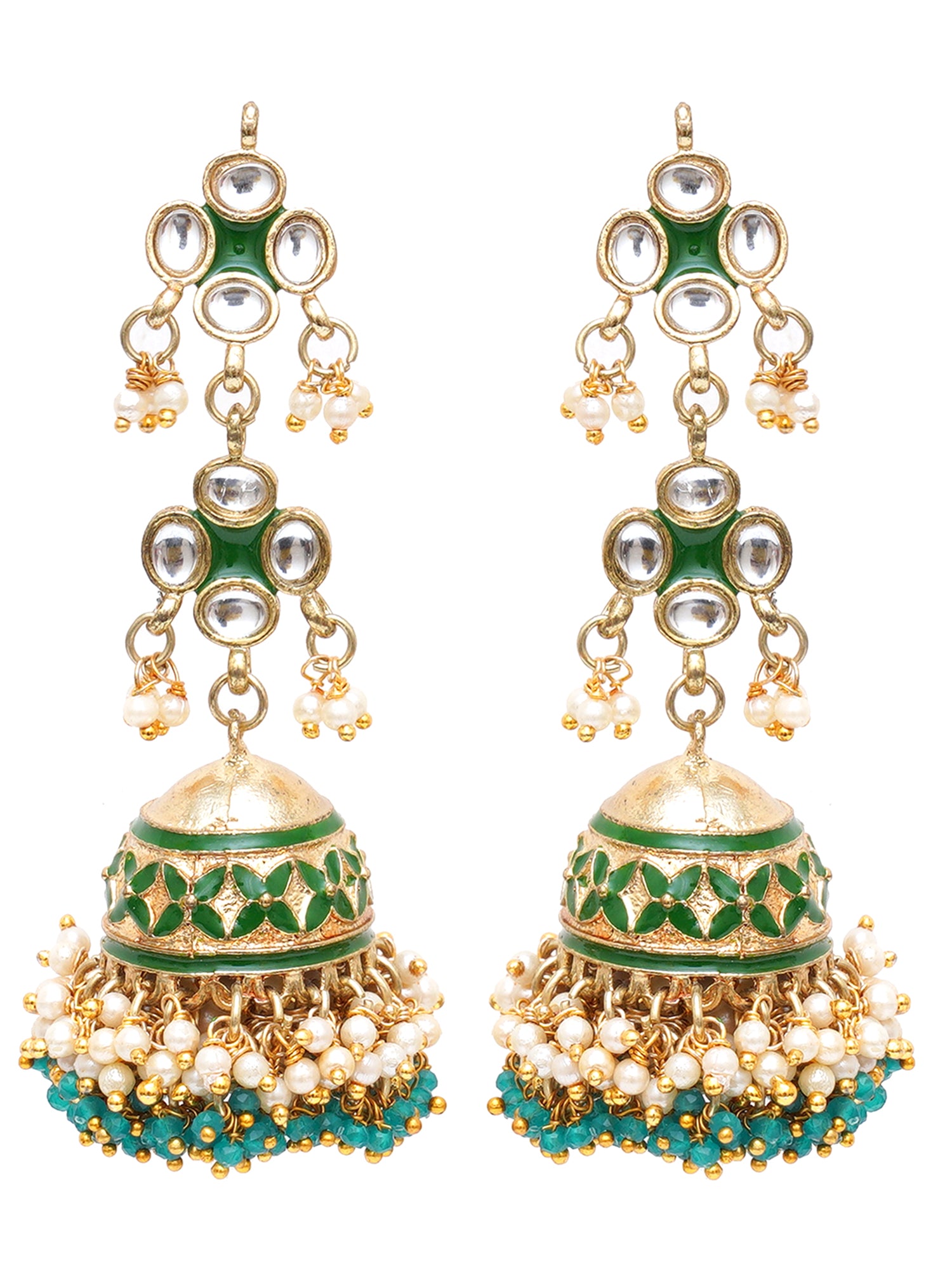 Karatcart Gold Plated Green Meena Handcrafted Kundan Jhumki Earrings for Women - view 3