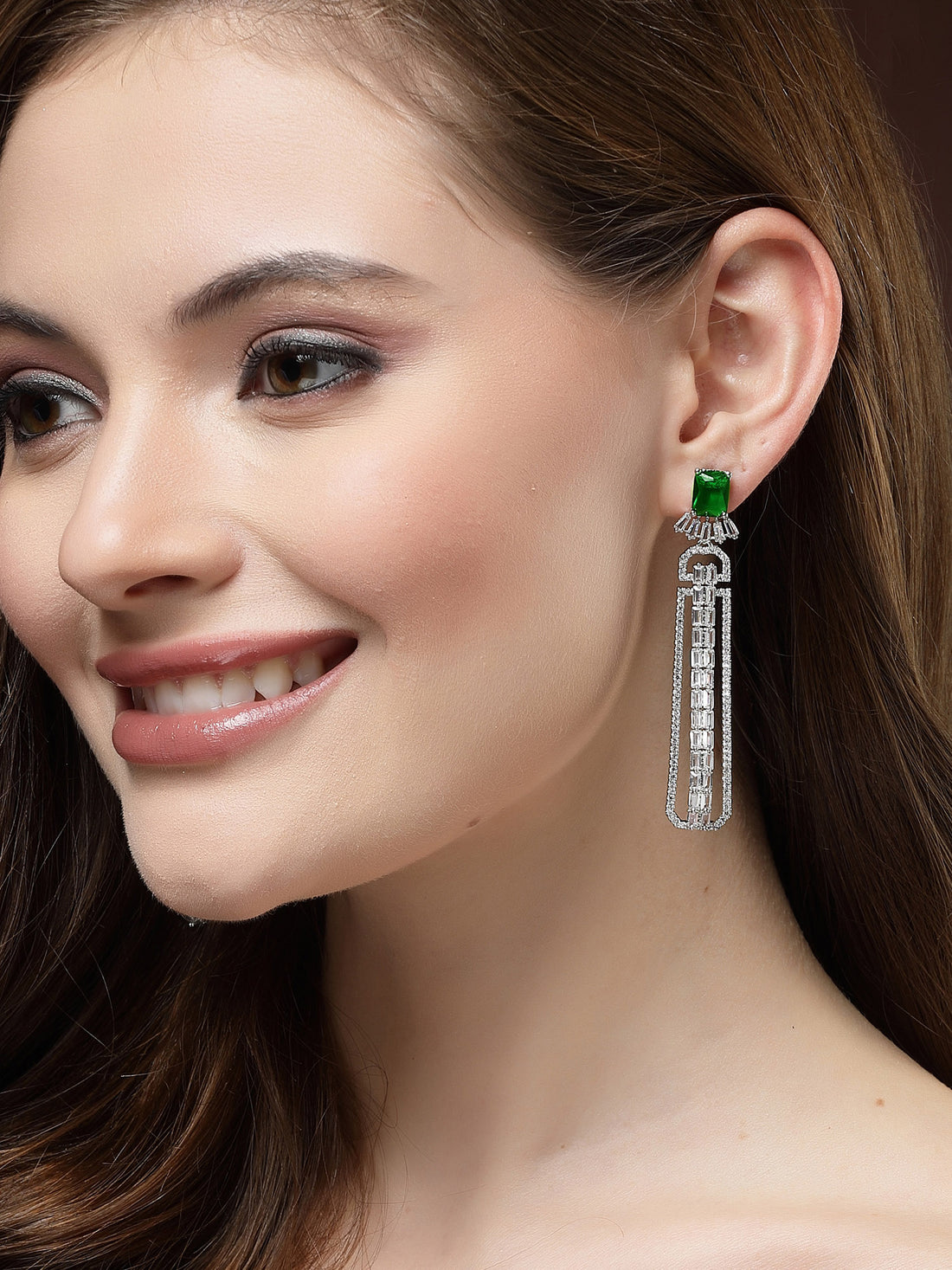 Karatcart Green Cubic Zirconia Studded Silver Plated Long Drop Earrings for Women