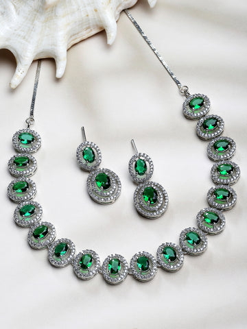Karatcart Silver Tone Green Cubic Zirconia Studded Necklace Set for Women