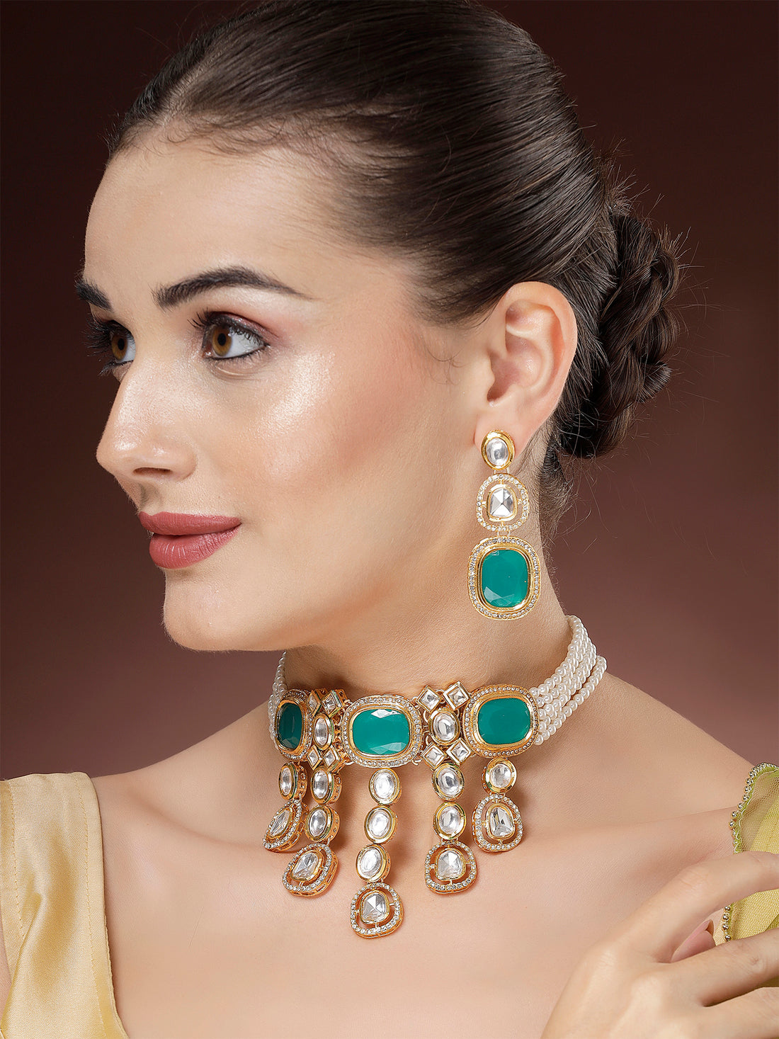 Karatcart Green Polki Kundan Design Choker Jewellery Set for Women