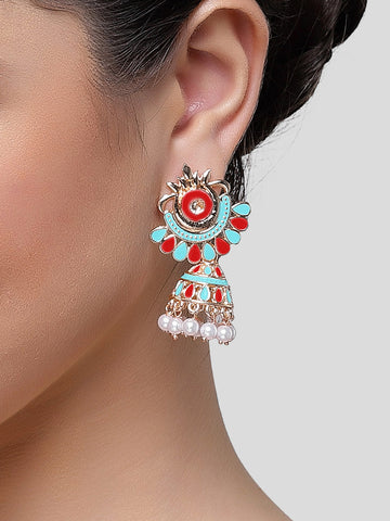 Karatcart Rose Gold Plated Red and Light Blue Meena Jhumki Earrings for Women