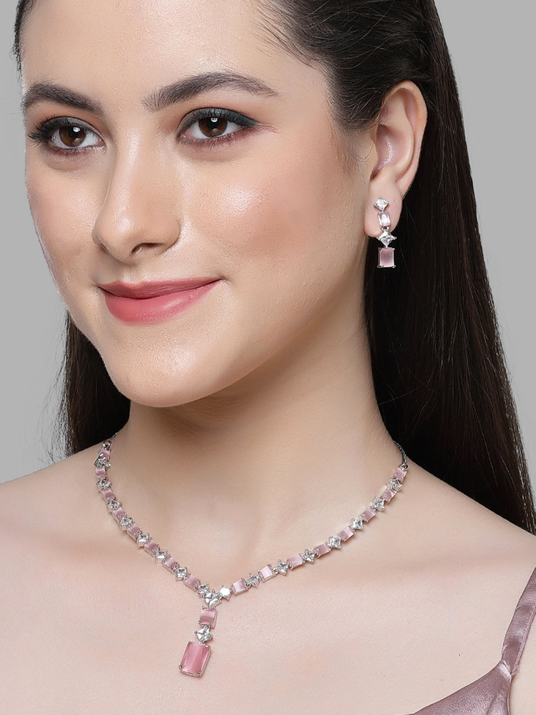 Karatcart Silver Tone Square Pink Cubic Zirconia Necklace Set for Women