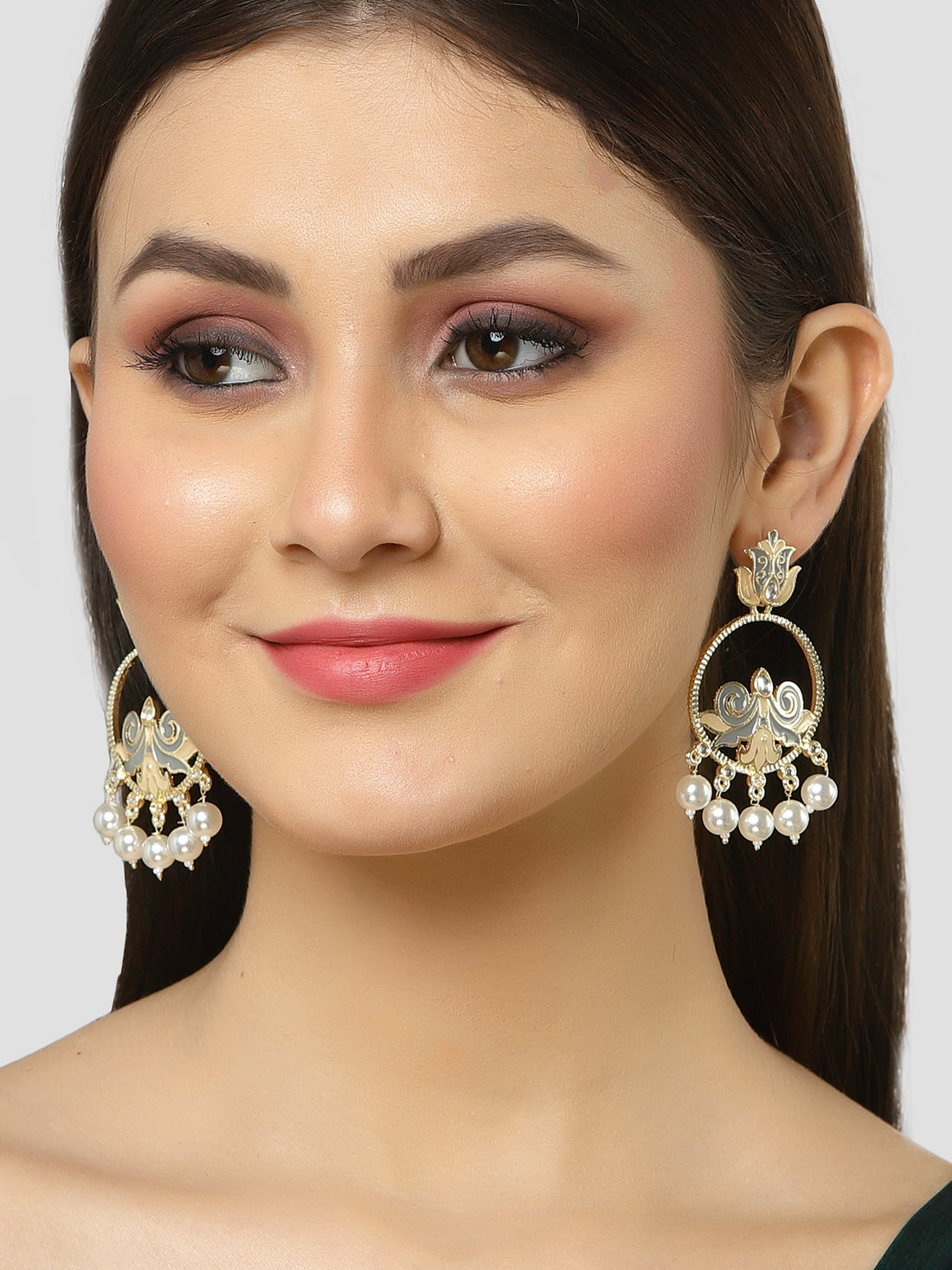 Karatcart Gold Plated Pearl Studded Grey Meena Dangler Earrings for Women