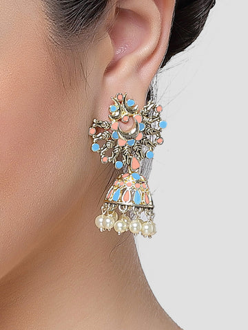 Karatcart Gold Plated Peach and Light Blue Meena Jhumki Earrings for Women