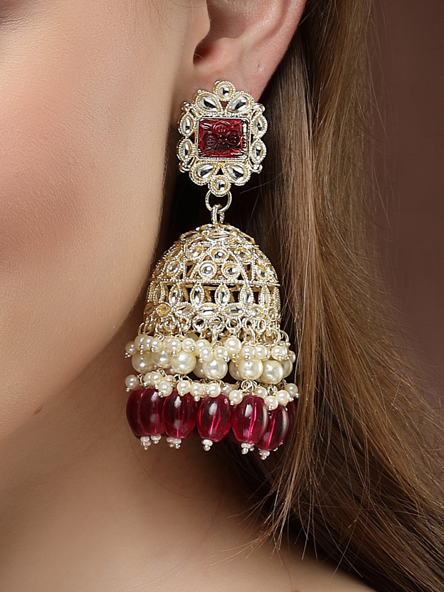 Karatcart Gold Plated Red Stone Studded Kundan Jhumki Earrings for Women