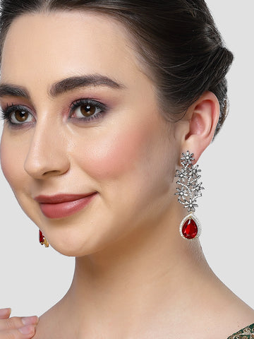 Karatcart Red Stone Studded Black Tone AD Earrings for Women