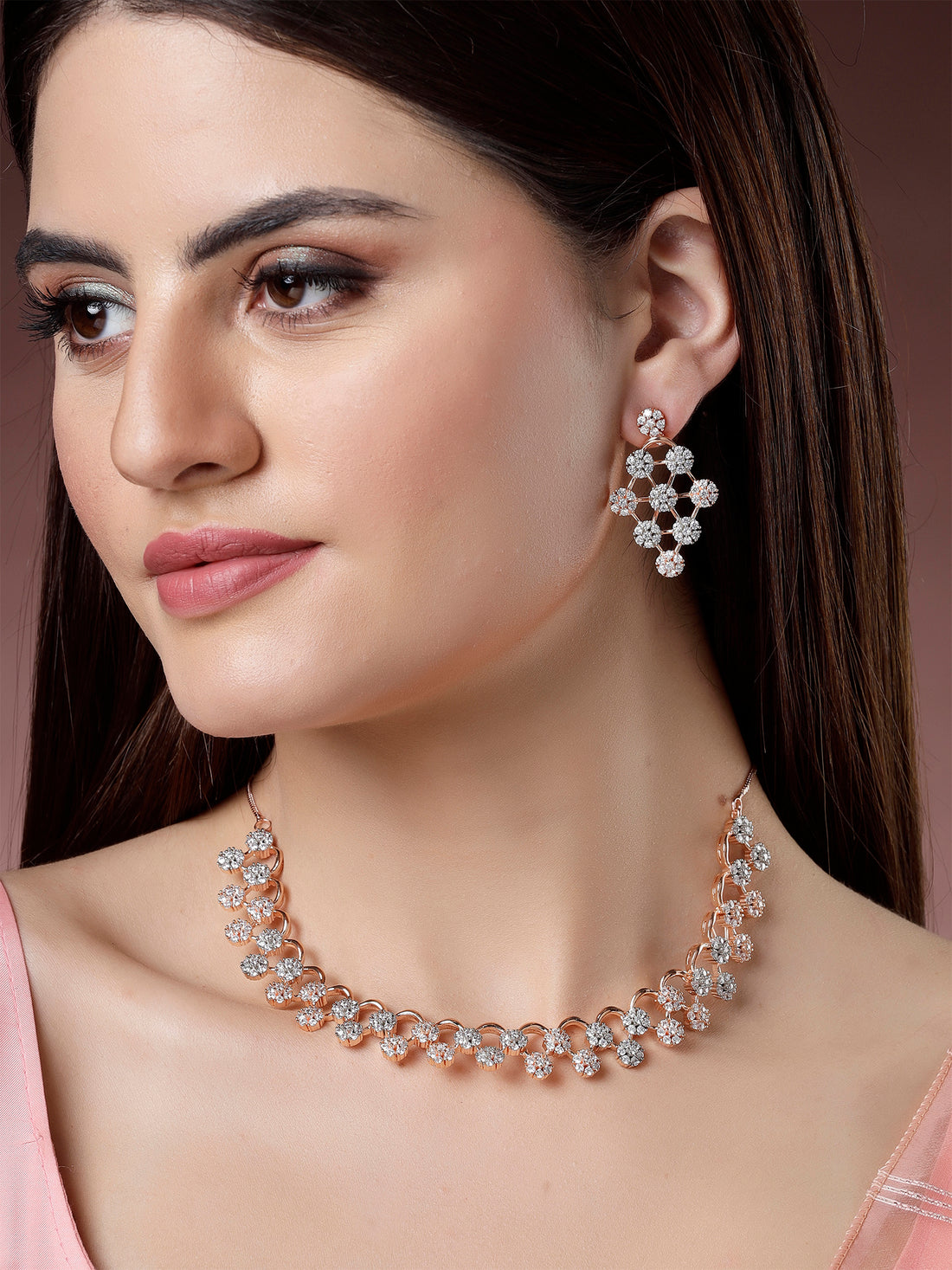 Karatcart Elegant Rose Gold Plated Necklace Set Studded with Cubic Zirconia and Rhodium Finish