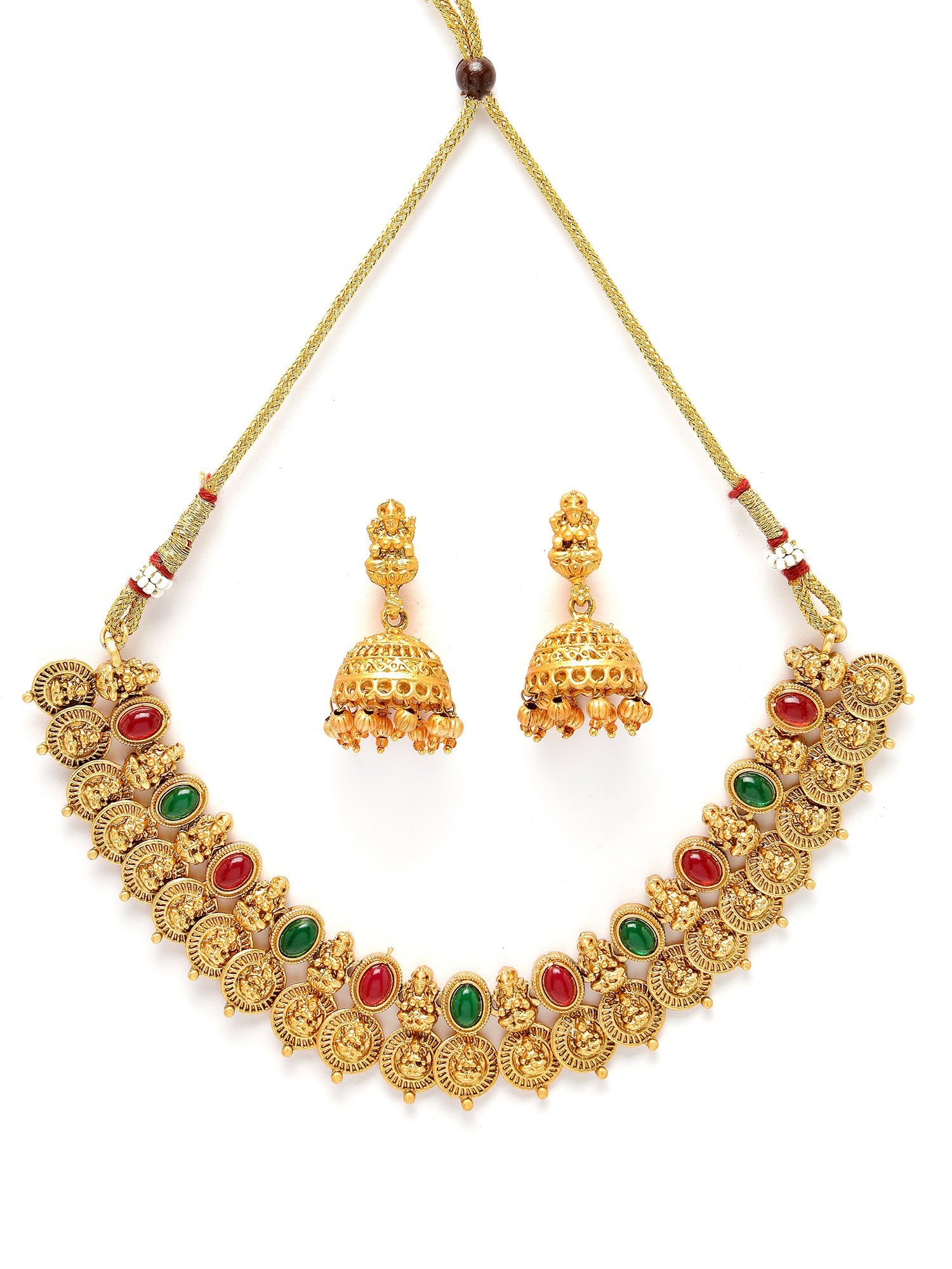 Karatcart Gold Plated Red & Green Stones Classic Laxmi Mata Temple Jewellery Set for Women - view 4