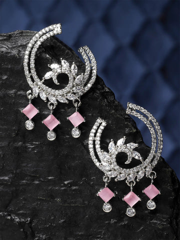 Karatcart Silver Plated Pink Cubic Zirconia Drop Earrings for Women