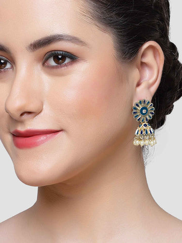 Karatcart Gold Plated Floral Design Blue Meena Jhumki Earrings for Women