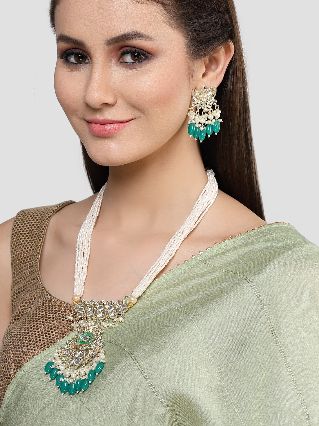 Karatcart Gold Plated Green Tumble and Pearl Studded Kundan Long Rani Haar Necklace Set