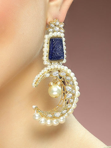 Kraratcart Gold Plated Blue Carved Stone Pearl Beaded Moon Shape Kundan Drop Earrings for Women