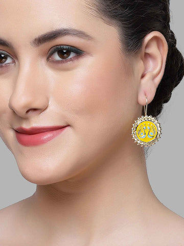 Karatcart Gold Plated Peacock Design Yellow Meena Drop Earrings for Women