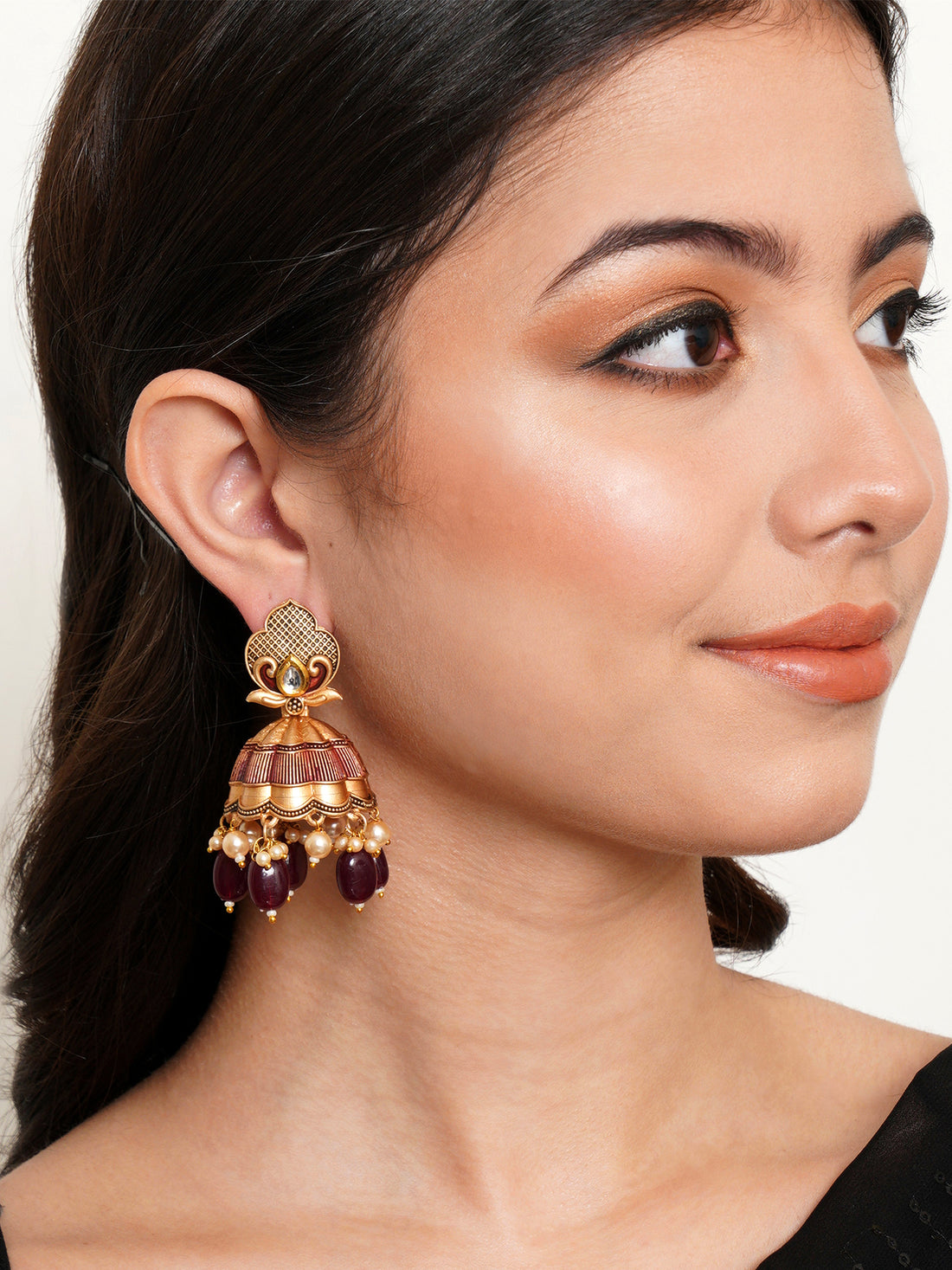 Karatcart Gold Plated Maroon Tumble and Golden Pearl Studded Jhumki Earrings for Women