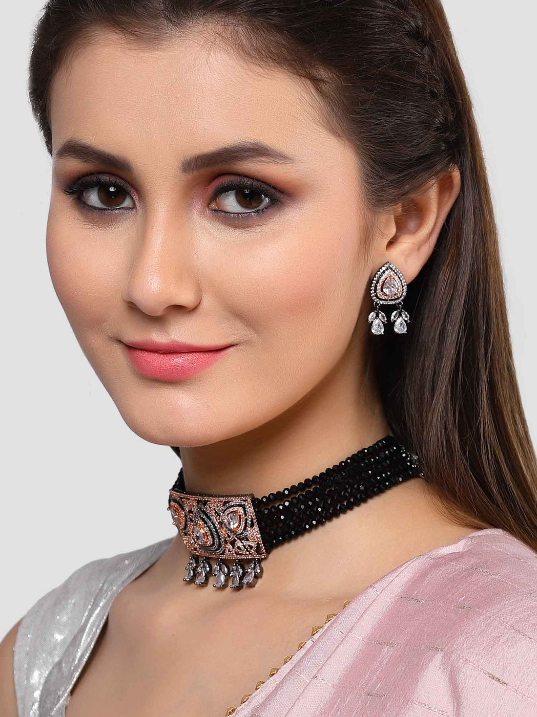 Karatcart Rose Gold Plated Black Crystal CZ Choker Necklace Set for Women