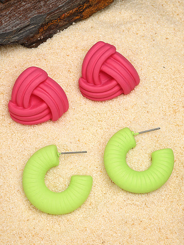 Bohey by KARATCART Set of 2 Pink and Lime Green Resin Stud Combo Earrings