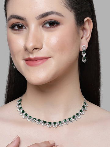 Karatcart Silver Plated Green Cubic Zirconia Necklace Set for Women