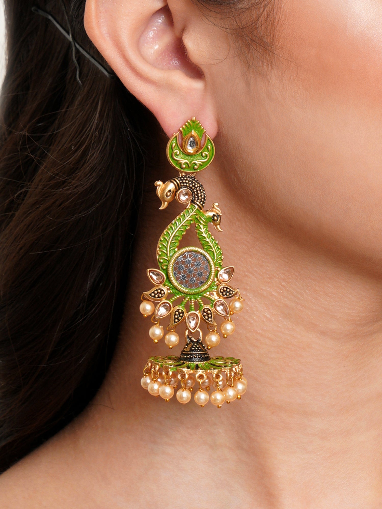 Karatcart Antique Gold Plated Kundan Studded Light Green Meena Peacock Flat Womens Jhumki Dangler Earrings - Image 1