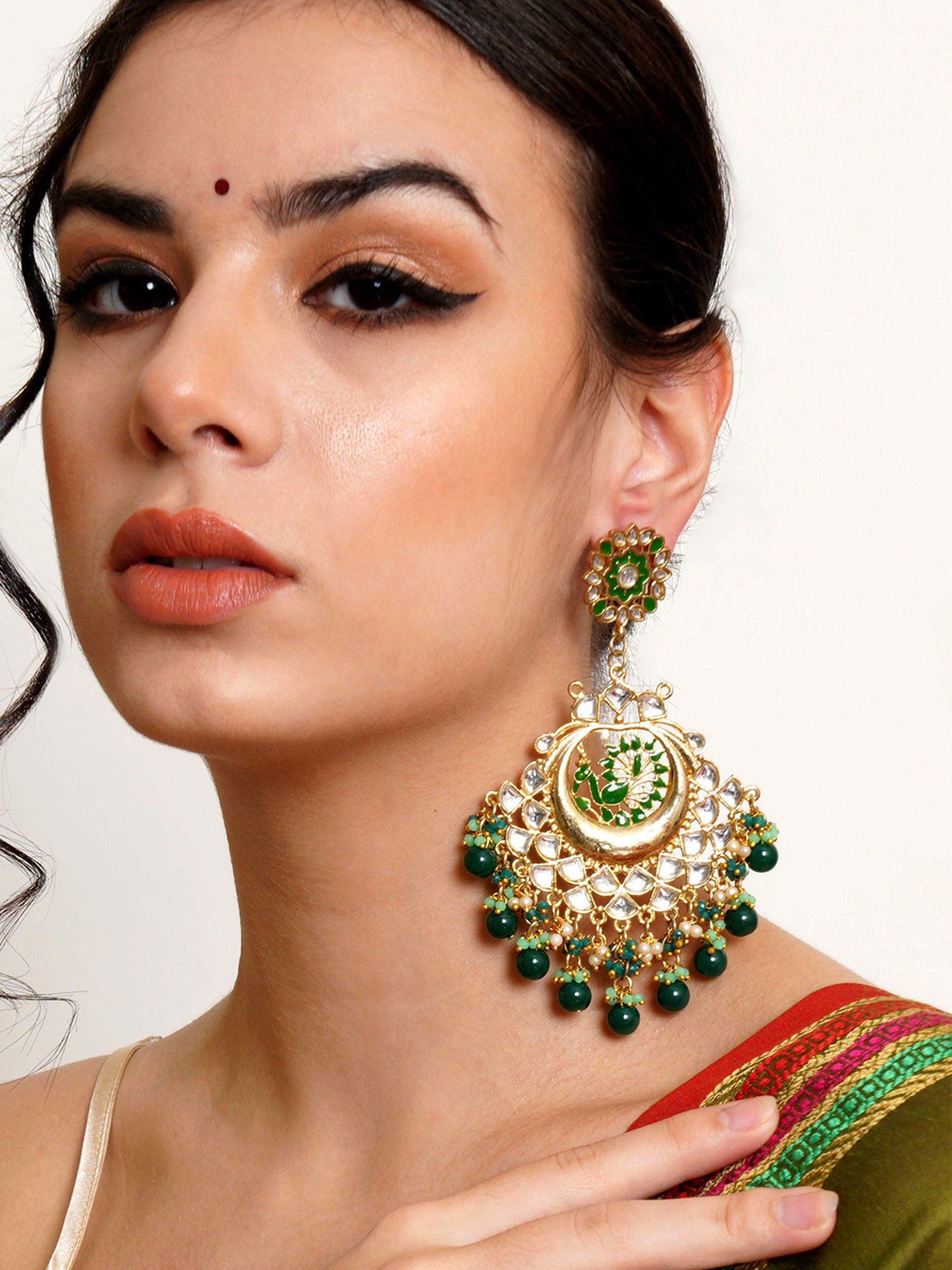 Karatcart Gold Plated Green Meena Peacock Design Kundan Chandbali Earrings for Women - view 2