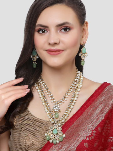 Karatcart Gold Plated Light Green Tumble and Pearl Rani Haar Necklace Set for Women