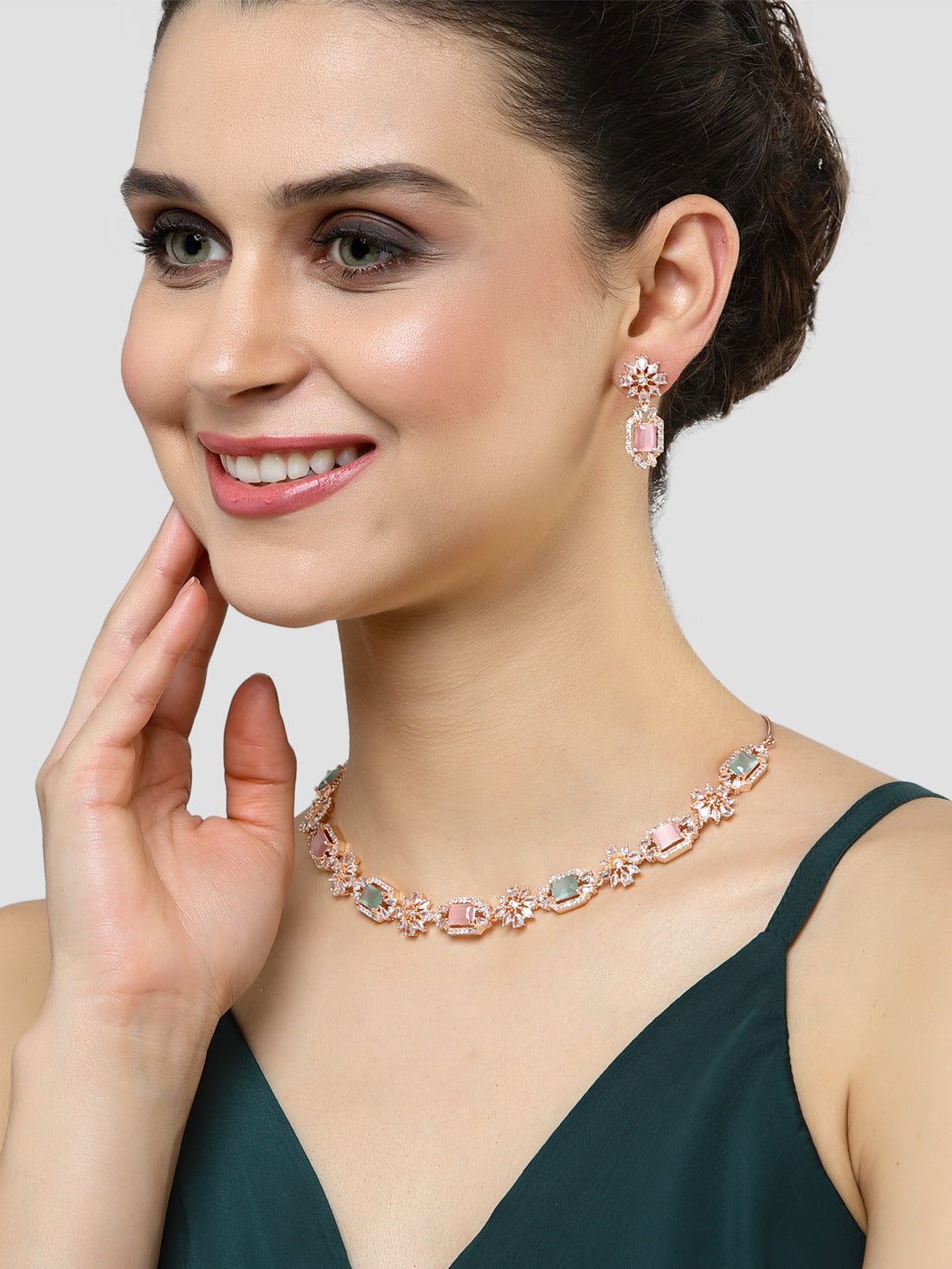 Karatcart Rose Gold Plated Pink and Light Green Cubic Zirconia Studded Necklace Set