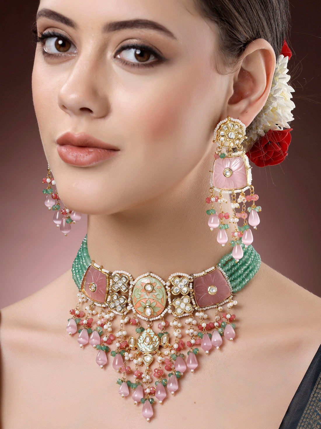 Karatcart Pink Carved Stone Green Crystal Polki Kundan Choker Necklace Set for Women