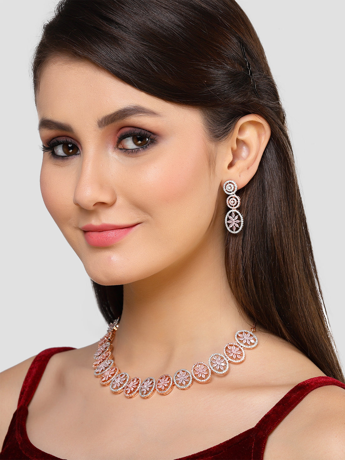 Karatcart Rose Gold Plated Pink Floral CZ Stone Studded Jewellery Set