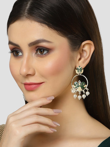 Karatcart Gold Plated Pearl Studded Green Meena Dangler Earrings for Women