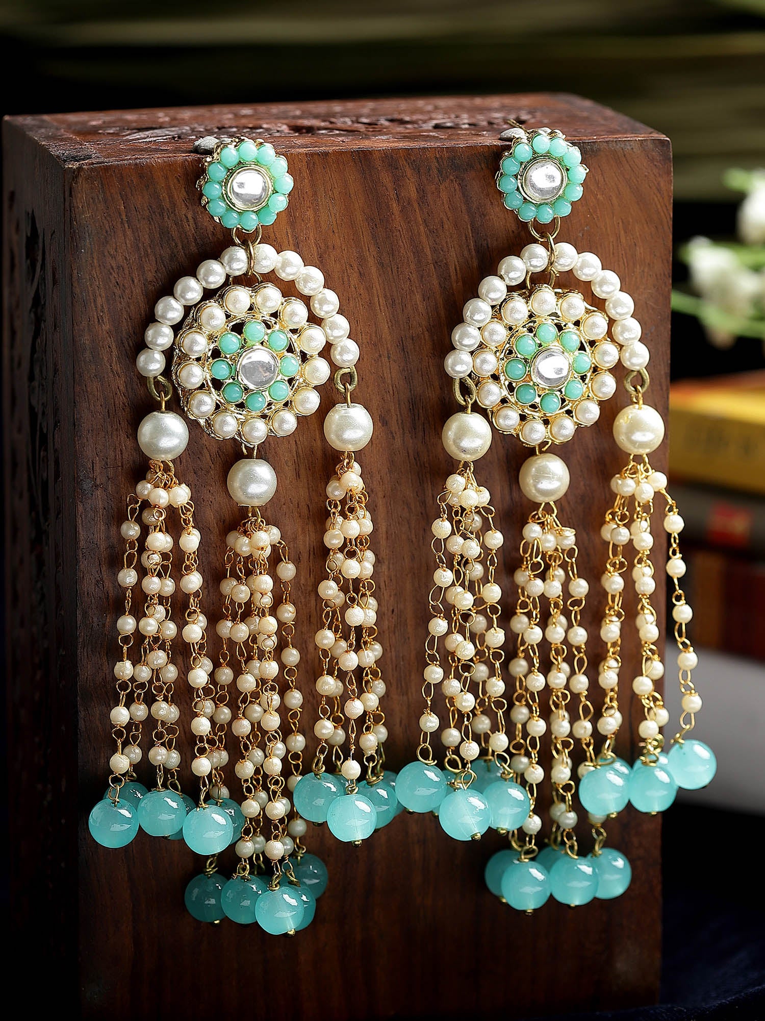 Karatcart Gold Plated Light Blue Beads and Pearl Kundan Drop Earrings for Women - view 3
