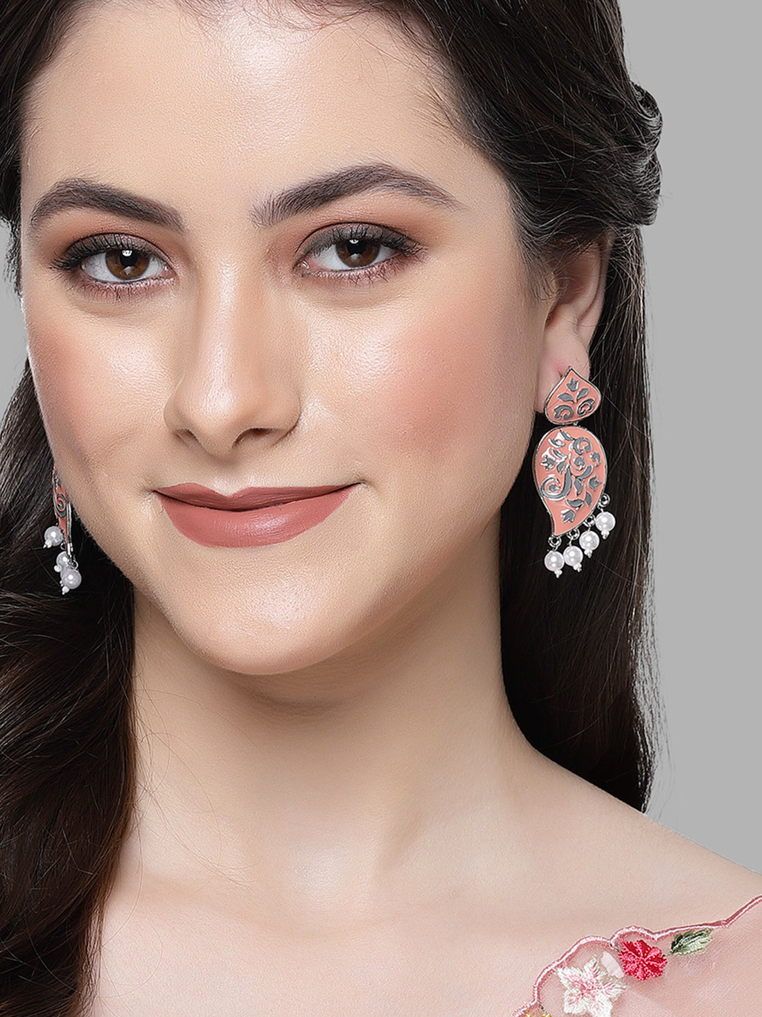 Karatcart Silver Plated Peach and Grey Meena Drop Earrings for Women